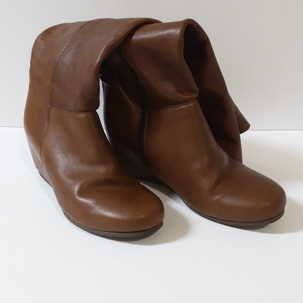Mercanti Fiorentini leather boots heel knee  wedge brown women 38 pull on